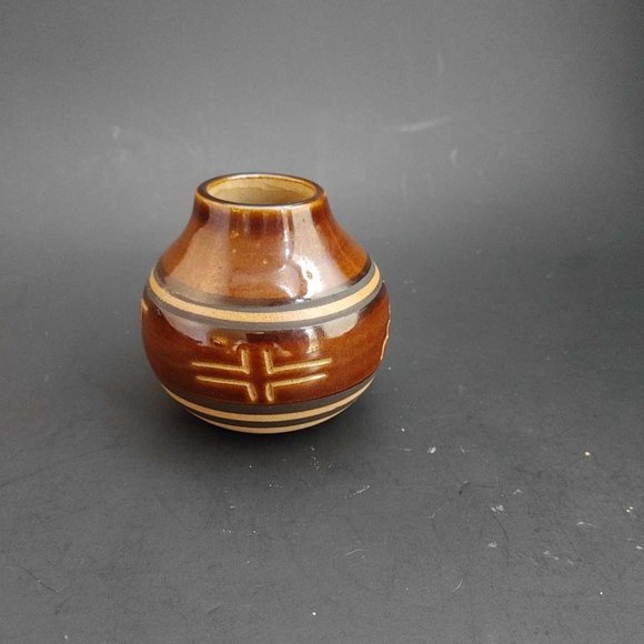 Art Pottery Vase Stoneware Vintage Glazed Brown Southwest Talisman Tribal Symbol - Picture 4 of 7